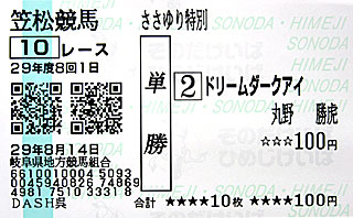 単勝馬券 | ドリームダークアイ（ささゆり特別）