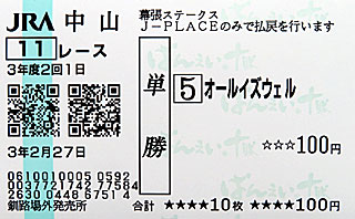 単勝馬券 | オールイズウェル（幕張ステークス）＠J-PLACE釧路