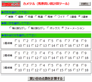 カメツル 馬券買い目計算ツール 東京競馬場どっとこむ